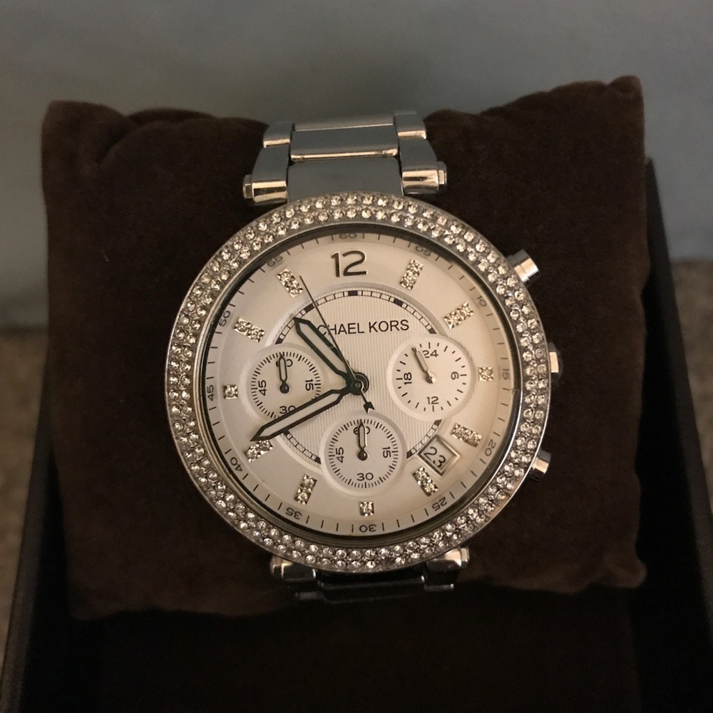 Michael Kors silver tone watch with rhinestones